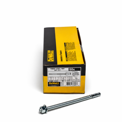 Ancrage à béton Power-Stud SD1 3/8" x 7" 50 pcs photographié sur fond blanc avec mise au point sur la tête et le filetage