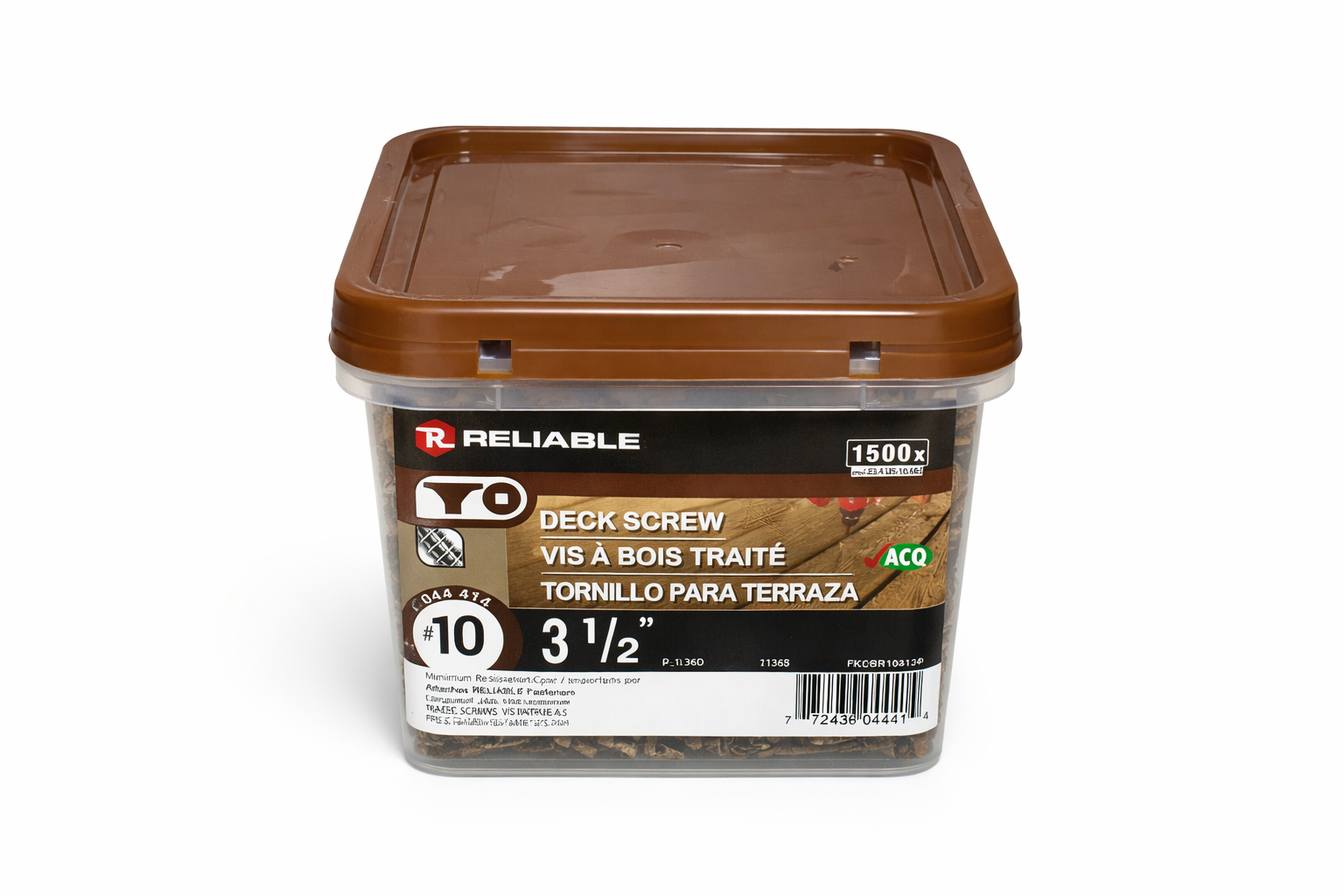 Vis à bois traité brun no 10 3 1/2" en caisse plastique sur fond blanc avec focus sur la tête et le filetage