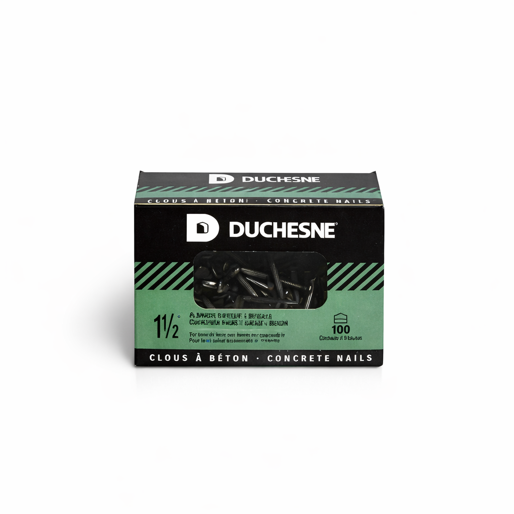 Clou à béton Mini 1 1/2" photographié sur fond neutre avec mise au point sur la pointe et la tige en acier.