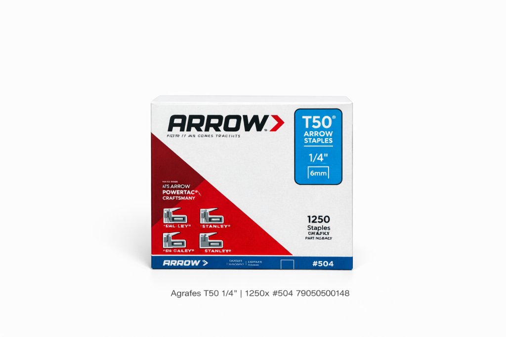 Agrafes T50 504 1/4" photographiées sur fond neutre avec mise au point sur la finition galvanisée.