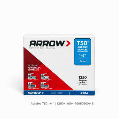 Agrafes T50 504 1/4" photographiées sur fond neutre avec mise au point sur la finition galvanisée.