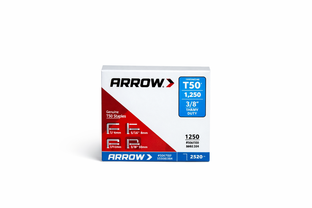 Agrafes T50 506 3/8" photographiées sur fond neutre avec mise au point sur la finition galvanisée.