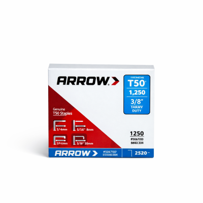 Agrafes T50 506 3/8" photographiées sur fond neutre avec mise au point sur la finition galvanisée.