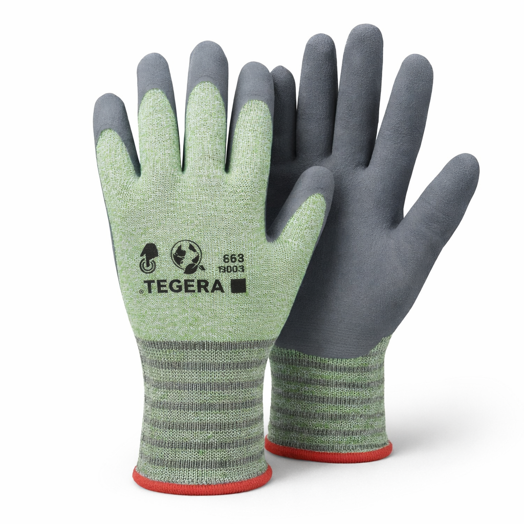 Gant de manutention vert en fil para aramide grandeur 8 photographie sur fond neutre avec mise au point sur la texture resistante