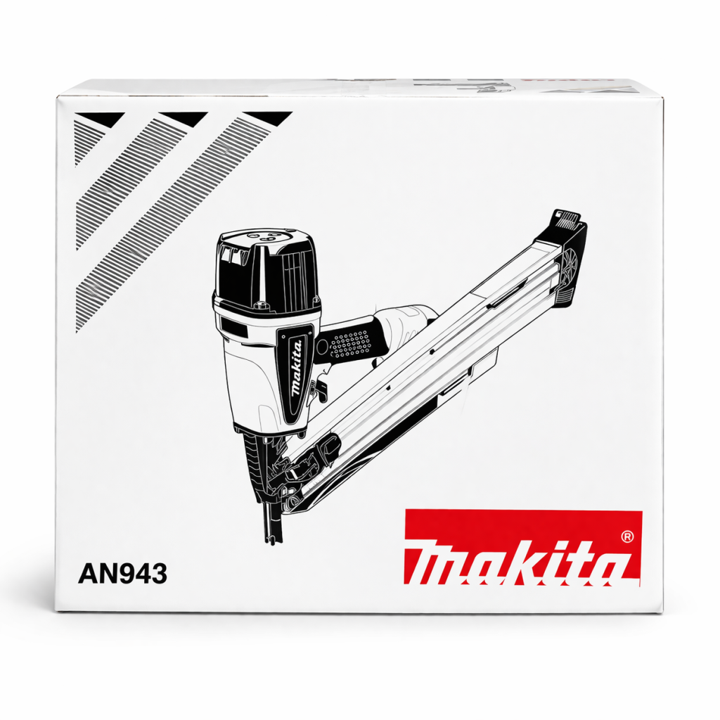 Cloueuse charpente Makita AN943 34° sur fond neutre, vue de face