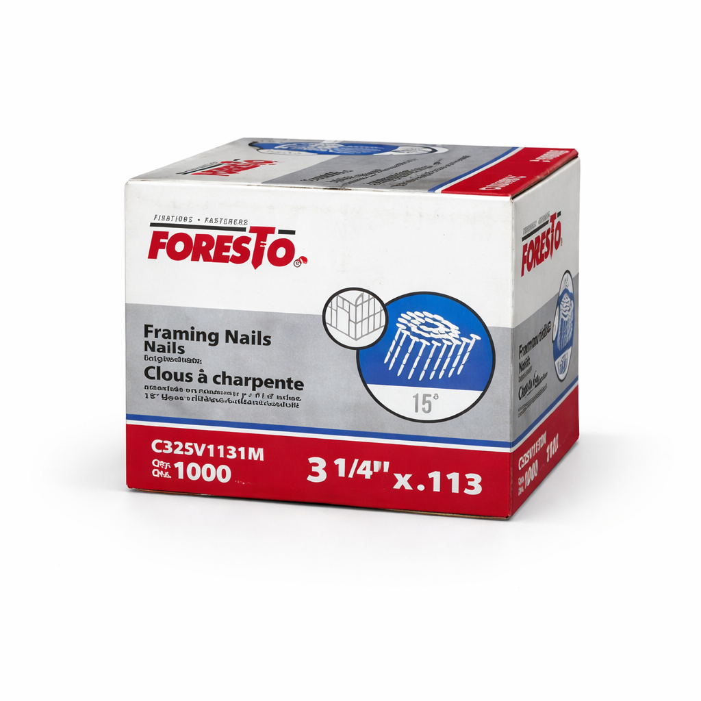 Clou à charpente vrillé bobine 15° 3 1/4" sur fond neutre avec mise au point sur la tige vrillée