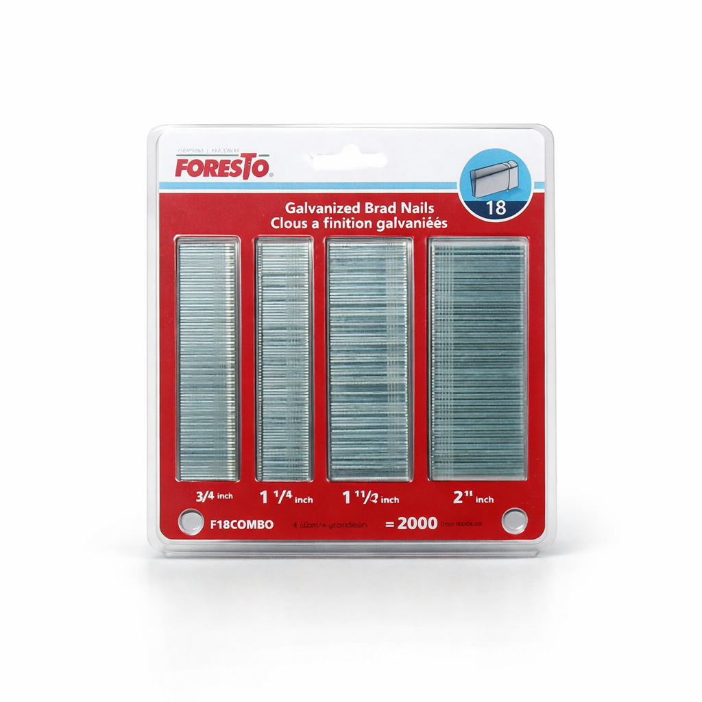Clou à finition calibre 18 3/4" à 2" combo sur fond neutre avec mise au point sur les longueurs variées
