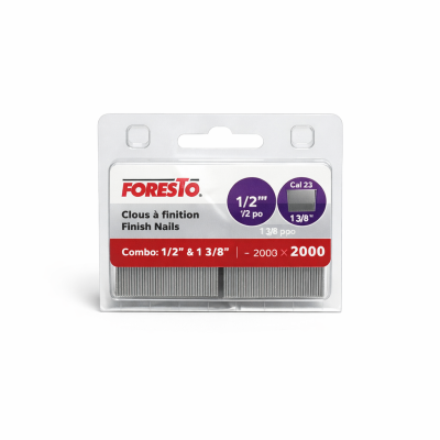 Clou à finition calibre 23 combo de longueurs assorties photographié sur fond neutre avec mise au point sur la finesse des clous