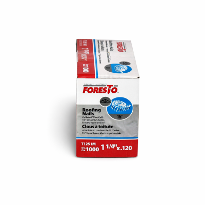 Clou à toiture Foresto 1 1/4" photographié sur fond neutre avec mise au point sur la tête et la longueur du clou