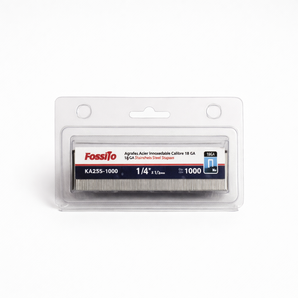 Agrafe acier inox Cal 18 1/4" x 1 1/4" paquet de 1000 pièces sur fond clair, détails de la forme visibles.
