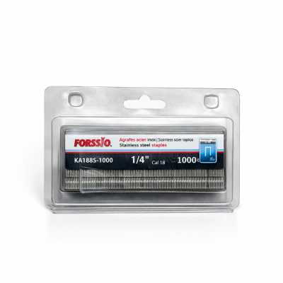 Agrafe acier inox Cal 18 1/4" x 1 1/2" paquet de 1000 pièces sur fond clair, détails de la forme visibles.