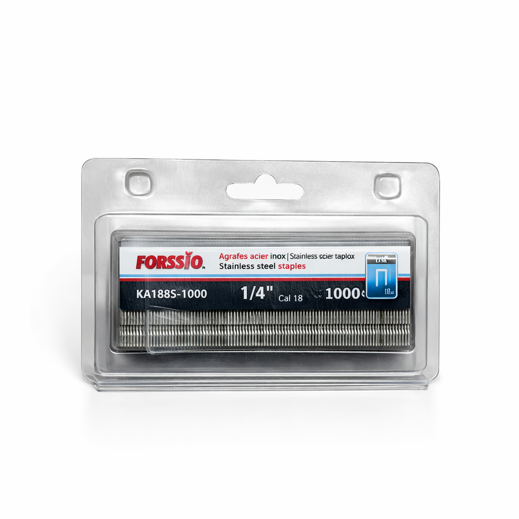 Agrafe acier inox Cal 18 1/4" x 1 1/2" paquet de 1000 pièces sur fond clair, détails de la forme visibles.