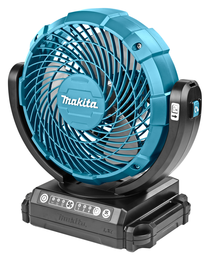 Ventilateur portable Makita DCF102Z 18 V LXT sur fond blanc avec tête oscillante