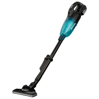 Aspirateur Makita DCL284FZX1 sans fil sur fond clair, avec tube prolongateur et embout pivotant