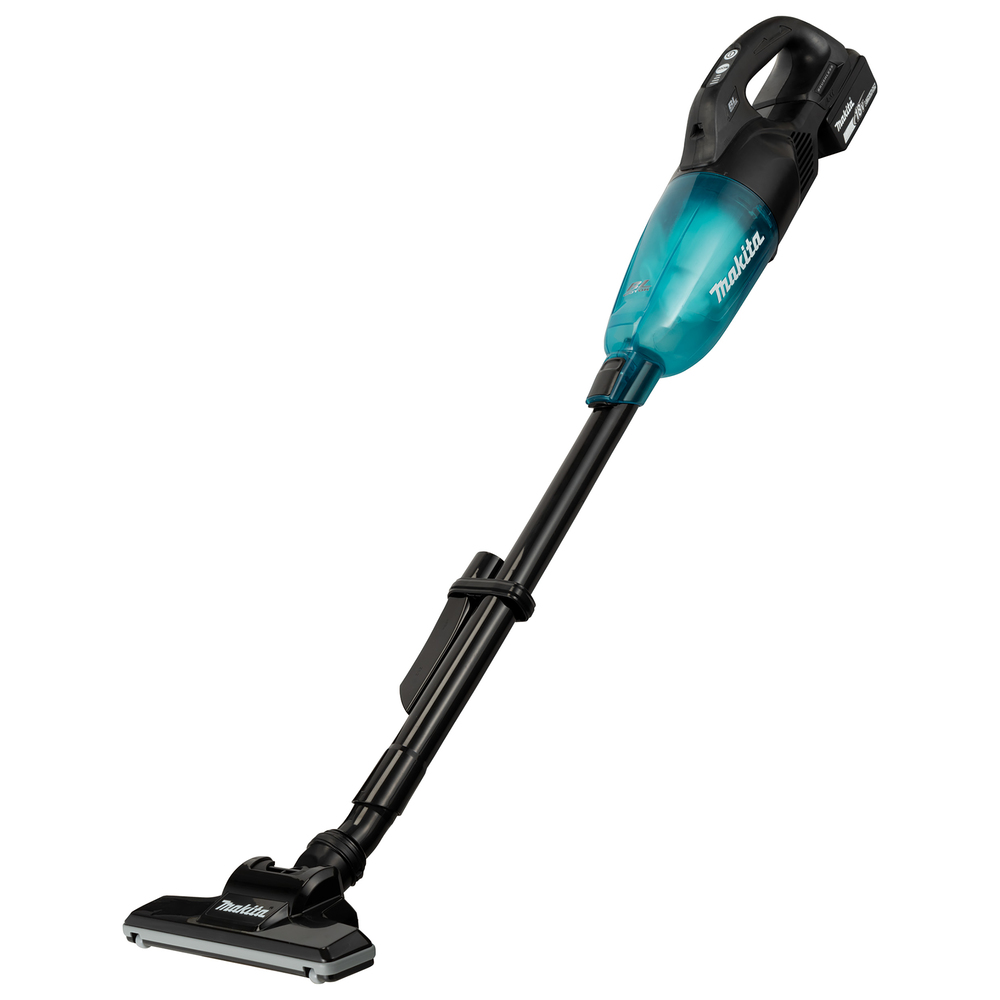 Aspirateur Makita DCL284FZX1 sans fil sur fond clair, avec tube prolongateur et embout pivotant