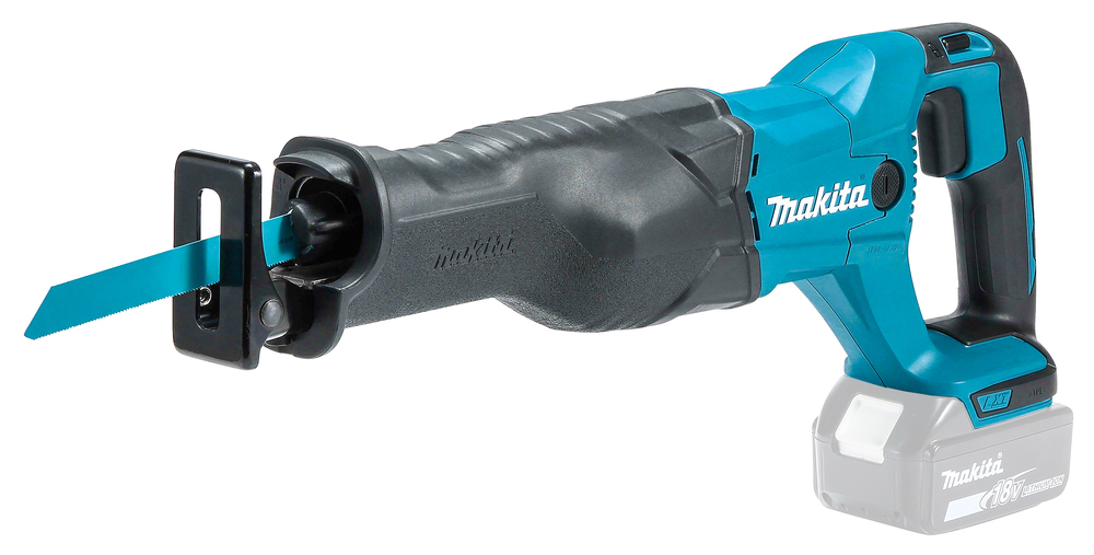 Makita DJR186Z scie alternative 18V LXT sur fond blanc avec lame et poignée visibles
