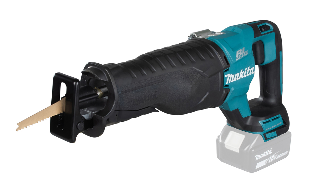 Makita DJR187Z scie alternative brushless 18V LXT sur fond blanc avec lame visible