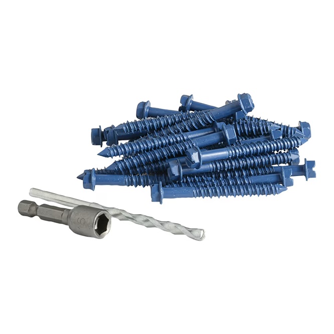 Vis à béton 1/4" x 2 3/4" tête hexagonale avec filetage haute adhérence sur fond clair