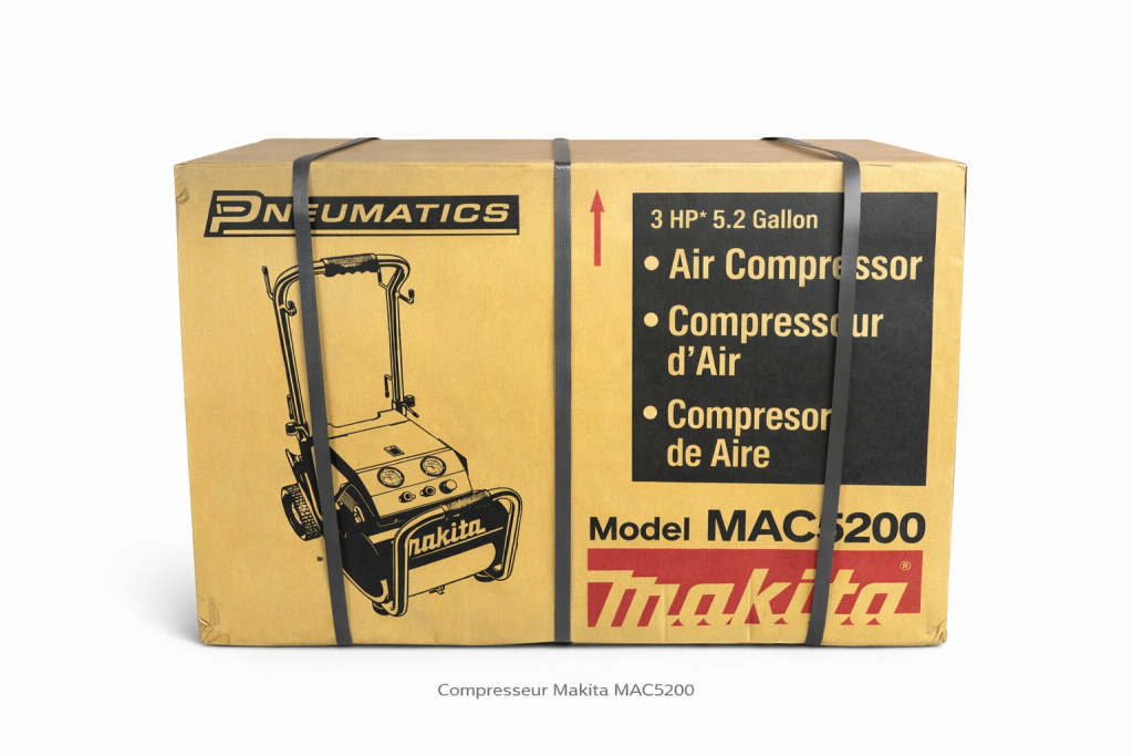 Compresseur d’air Makita MAC5200 3 HP 5.2 gal sur fond neutre, vue large
