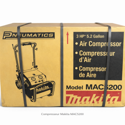 Compresseur d’air Makita MAC5200 3 HP 5.2 gal sur fond neutre, vue large