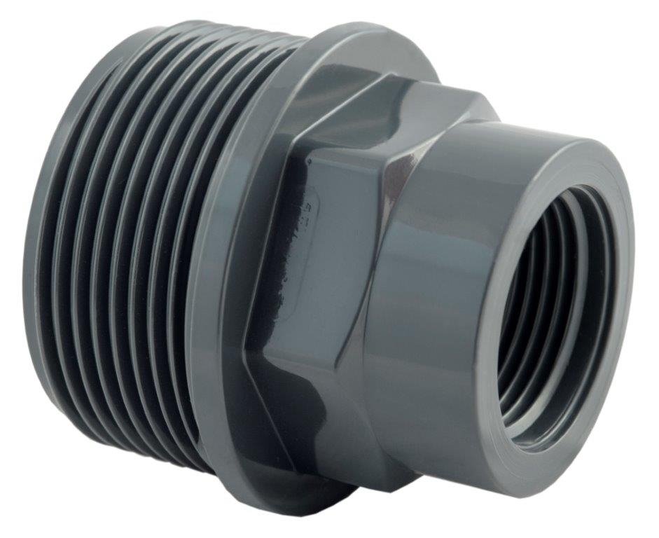 Réduction mâle-femelle SDR 6" x 4" PVC 043939 sur fond blanc, mise au point sur le raccord et détails techniques