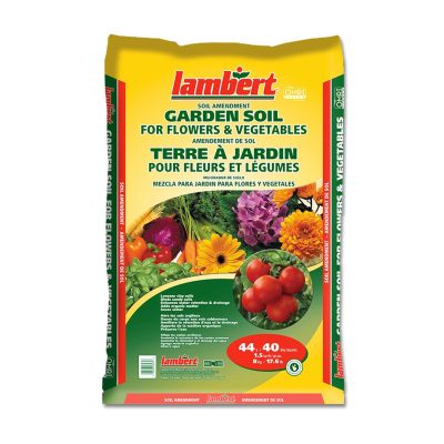 Sac de Terre à Jardin Lambert pour fleurs et légumes, 44 L, sur fond clair, sac vert-jaune avec tomates et fleurs
