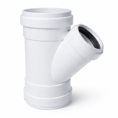 Raccord Y SDR 6" x 6" x 4" PVC 043307 sur fond blanc, mise au point sur le raccord et détails techniques