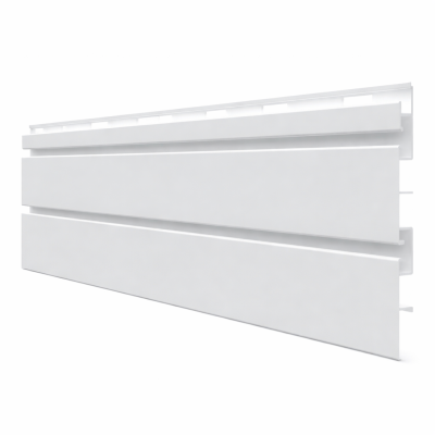 Panneau PVC Slatwall Trusscore 6'' x 8' blanc sur fond blanc, vue en perspective et détails des rainures