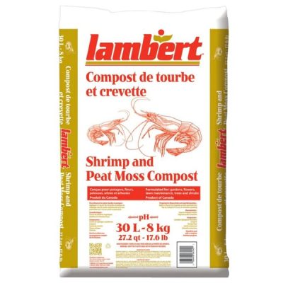 Compost de tourbe et crevette Lambert 30 L photographié sur fond neutre avec mise au point sur le sac et la texture du mélange