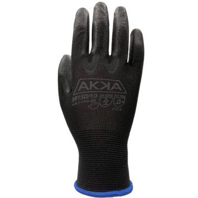 Gant en polyester et carbone noir modèle G10 enduit de PU et compatible tactile photographie sur fond neutre avec mise au point sur la texture