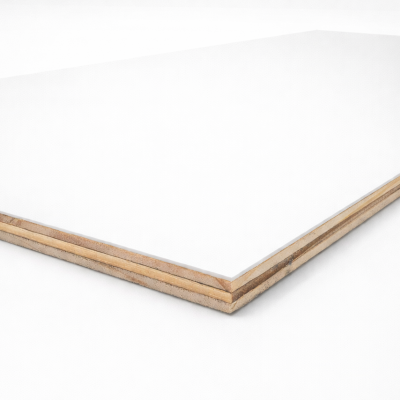Panneau Épinette Plastilam 3/8'' 40mil 4' x 8' sur fond blanc, vue en perspective et détails du plastique