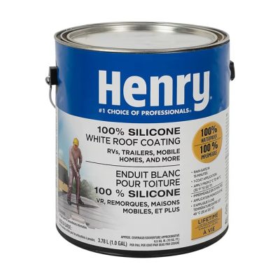 Enduit blanc toiture Henry HE487 100 % silicone 3,78 L sur fond blanc avec mise au point sur le sceau et l’étiquette.