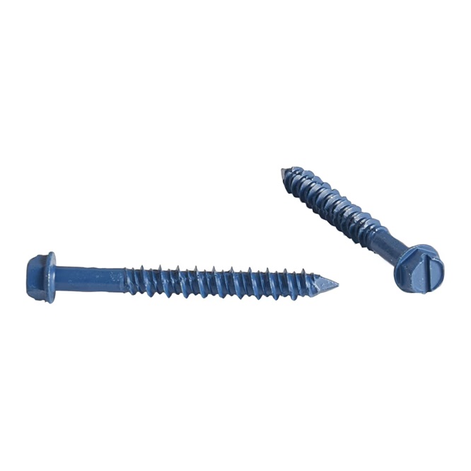 Vis à béton bleu 1/4" x6" HEX 75pcs sur fond blanc focus têtes hex