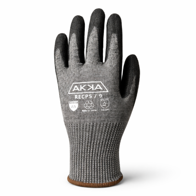 Gant en tricot polyester recycle modele G9 enduit de polyurethane avec protection anti coupure photographie sur fond neutre avec mise au point sur la texture du gant