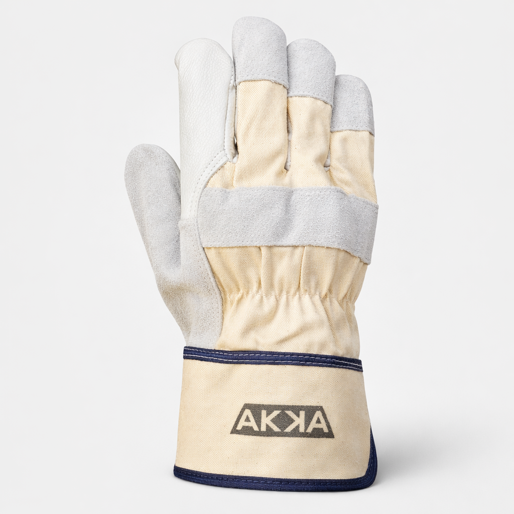 Gant paume cuir avec dos en coton modele G9 photographie sur fond neutre avec mise au point sur la texture du cuir et du tissu