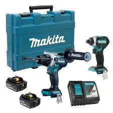 Combo Makita DLX2412T perceuse à percussion et visseuse à choc 18 V 5.0Ah sur fond neutre