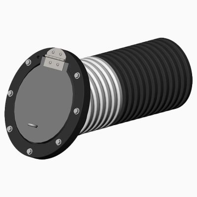 Sortie de drainage 150 mm 6″ avec clapet anti‑retour sur fond blanc, mise au point sur le mécanisme unidirectionnel