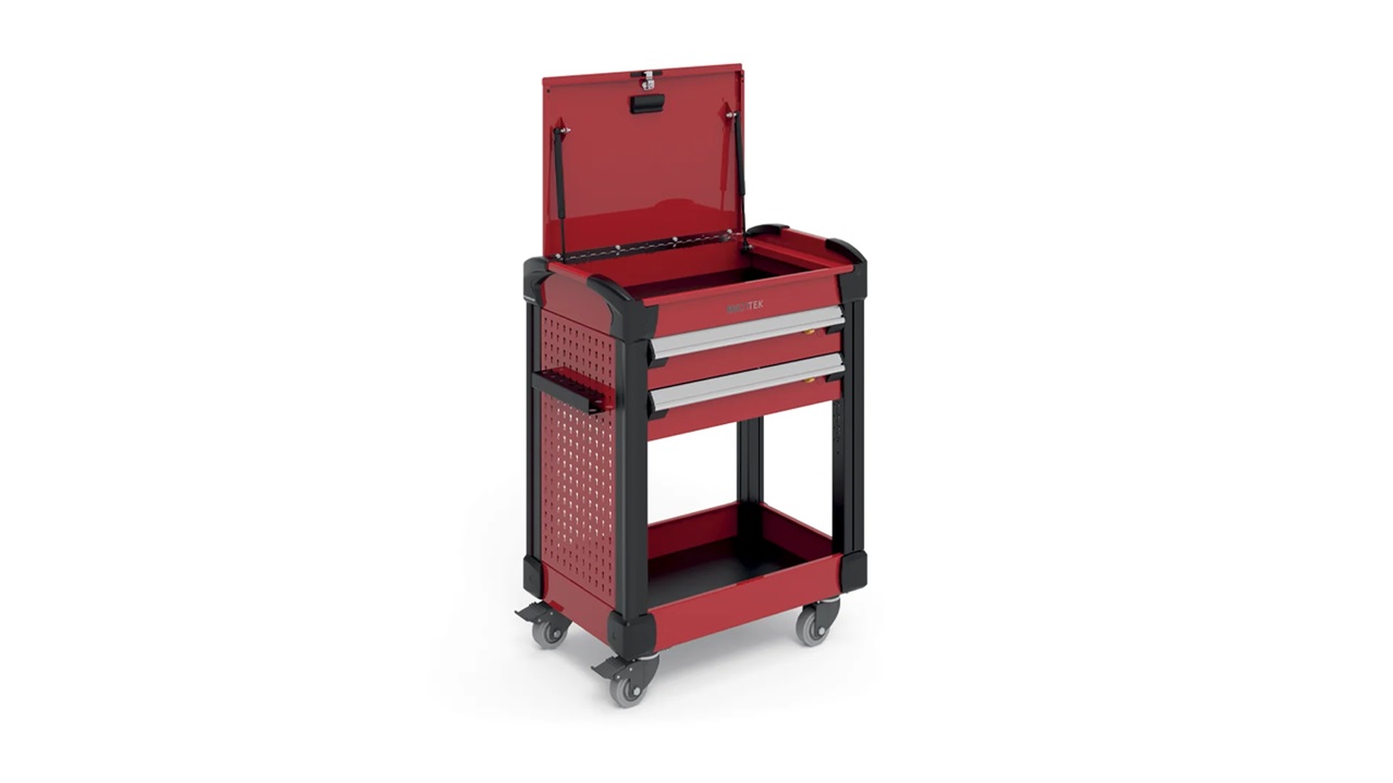 Chariot Multitek 2 tiroirs Orange Sienna en acier sur fond neutre, vue en perspective