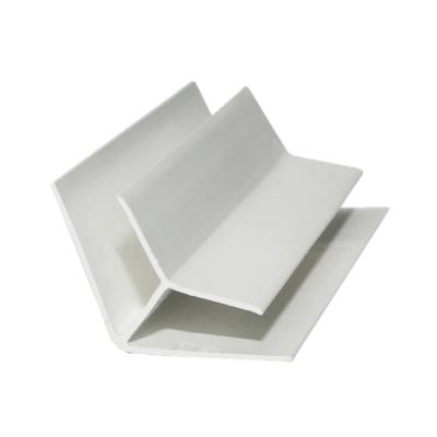 Moulure en H 45º Trusscore 10' PVC sur fond blanc, vue en perspective et détails du profil