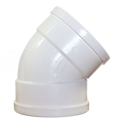 Coude 45° SDR 4 po PVC IPEX 043404 mâle x femelle sur fond neutre vue du profil