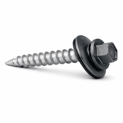 Vis à tôle #9 2" fusain charcoal photographiée sur fond neutre avec mise au point sur la tête hexagonale