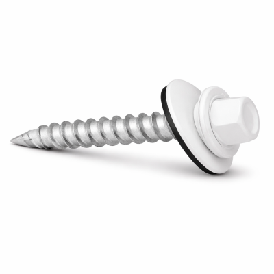 Vis à tôle no 9 2" blanc vif photographiée sur fond neutre avec mise au point sur la finition et le filet