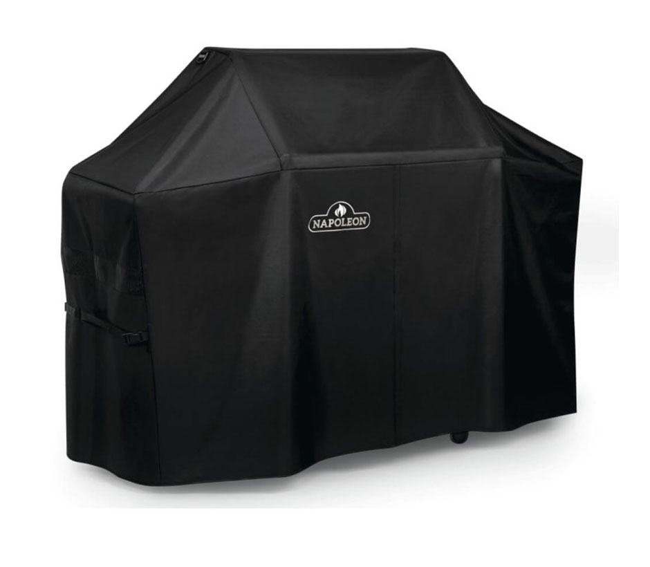 Housse pour BBQ Napoléon Freestyle 365 et 425 photographiée sur fond blanc avec mise au point sur les sangles et tissu résistant