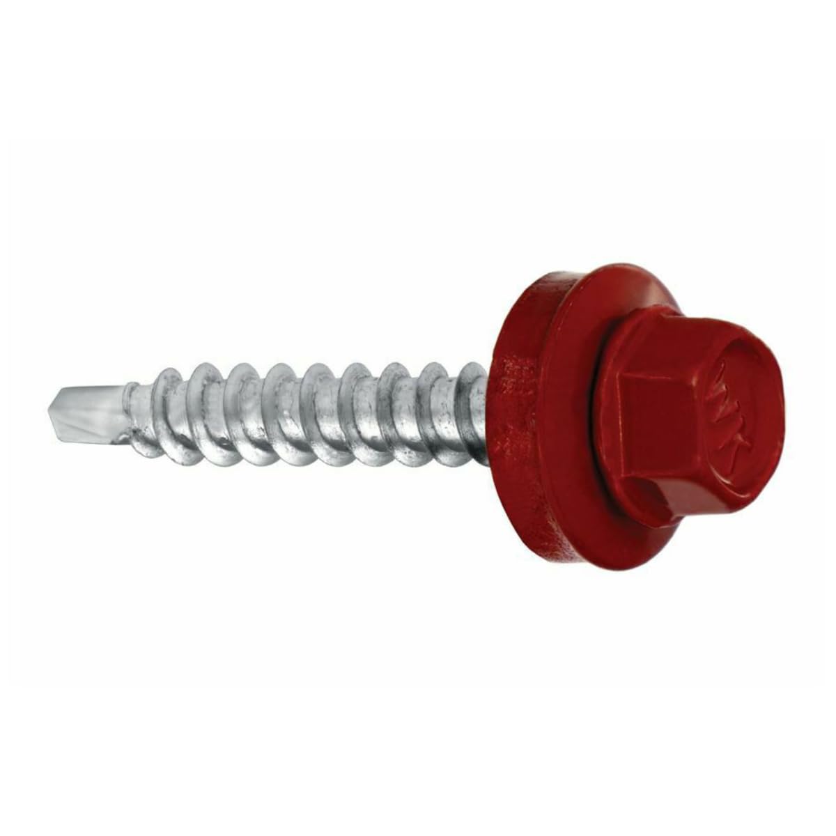 Vis à tôle #9 2" rouge vif photographiée sur fond neutre avec mise au point sur la tête hexagonale