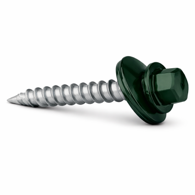 Vis à tôle #9 2" vert foncé forêt photographiée sur fond neutre avec mise au point sur la tête hexagonale