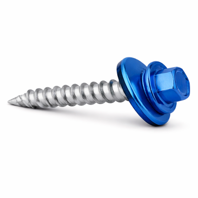 Vis à tôle no 9 2" bleu ardoise photographiée sur fond neutre avec mise au point sur la finition et le filet