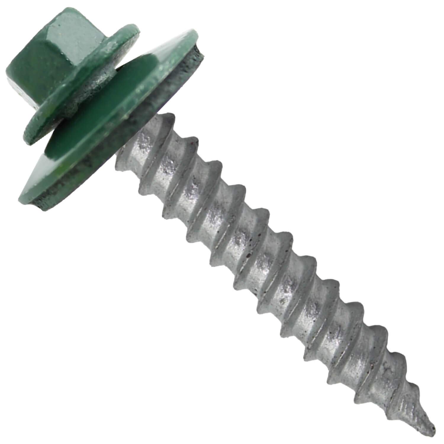 Vis à tôle #9 2" vert moyen photographiée sur fond neutre avec mise au point sur la tête hexagonale