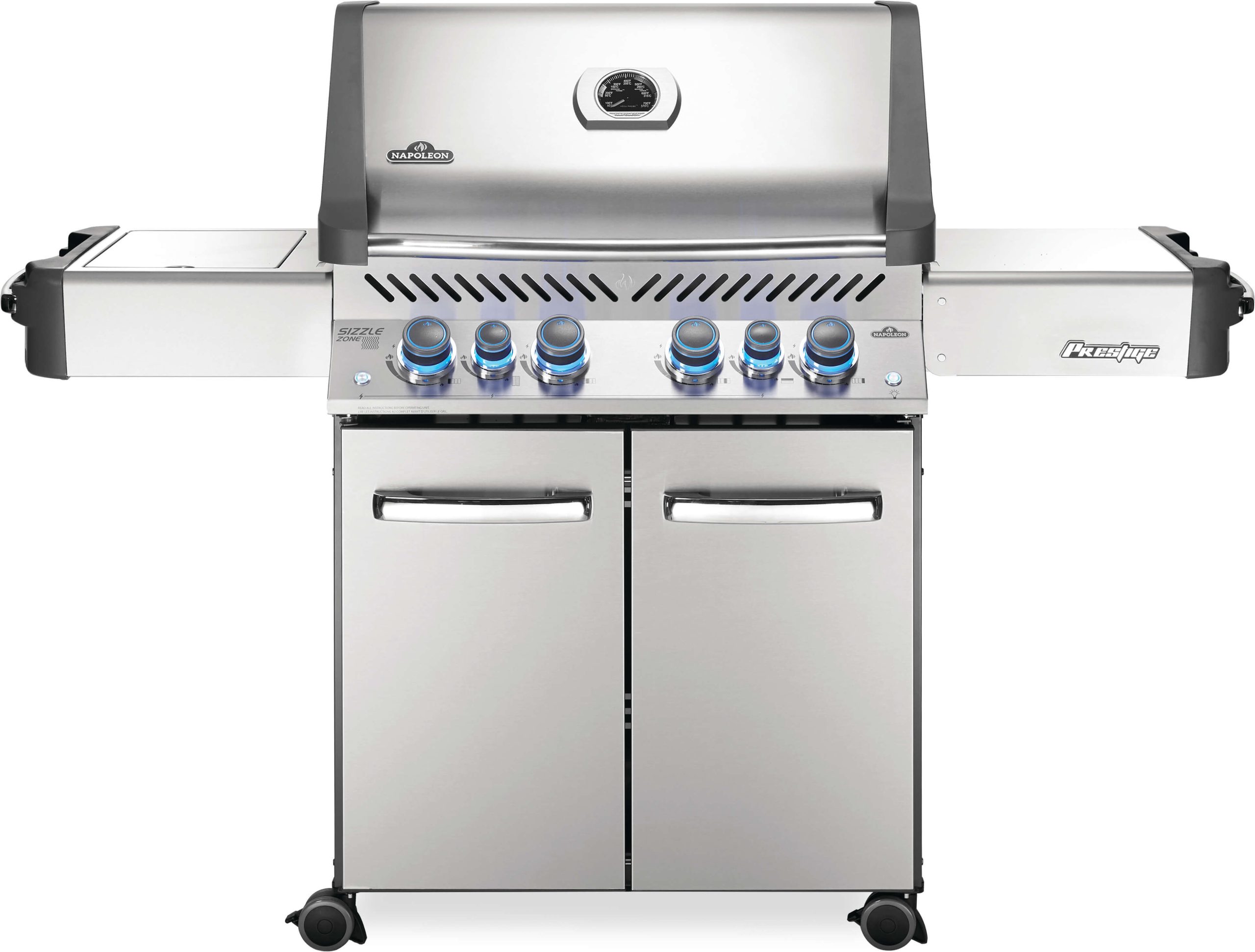 BBQ Napoléon Prestige 500 en acier inoxydable photographié sur fond neutre, vue détaillée des brûleurs et boutons