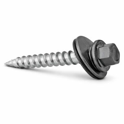 Vis à tôle #9 2" gris pierre photographiée sur fond neutre avec mise au point sur la tête hexagonale