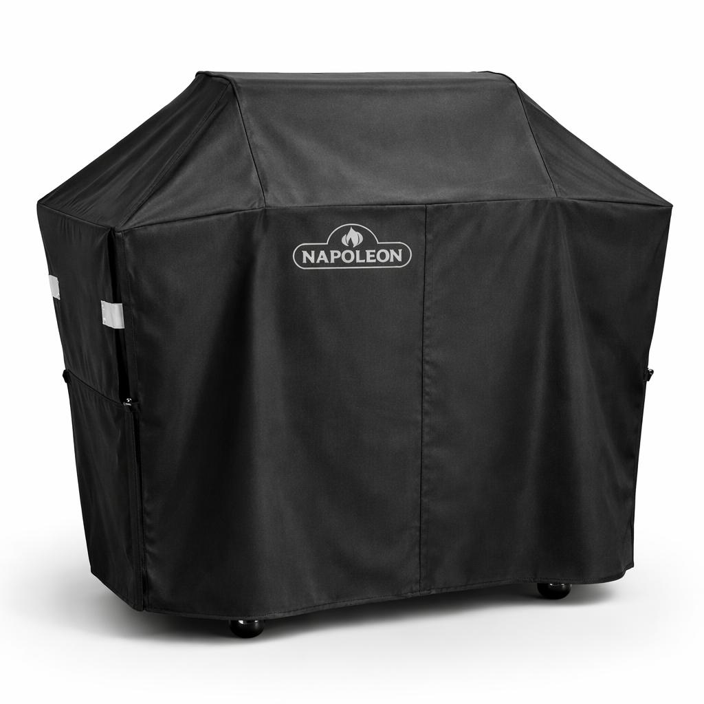 Housse pour BBQ Napoléon Freestyle 365 et 425 photographiée sur fond blanc avec mise au point sur les sangles et tissu résistant